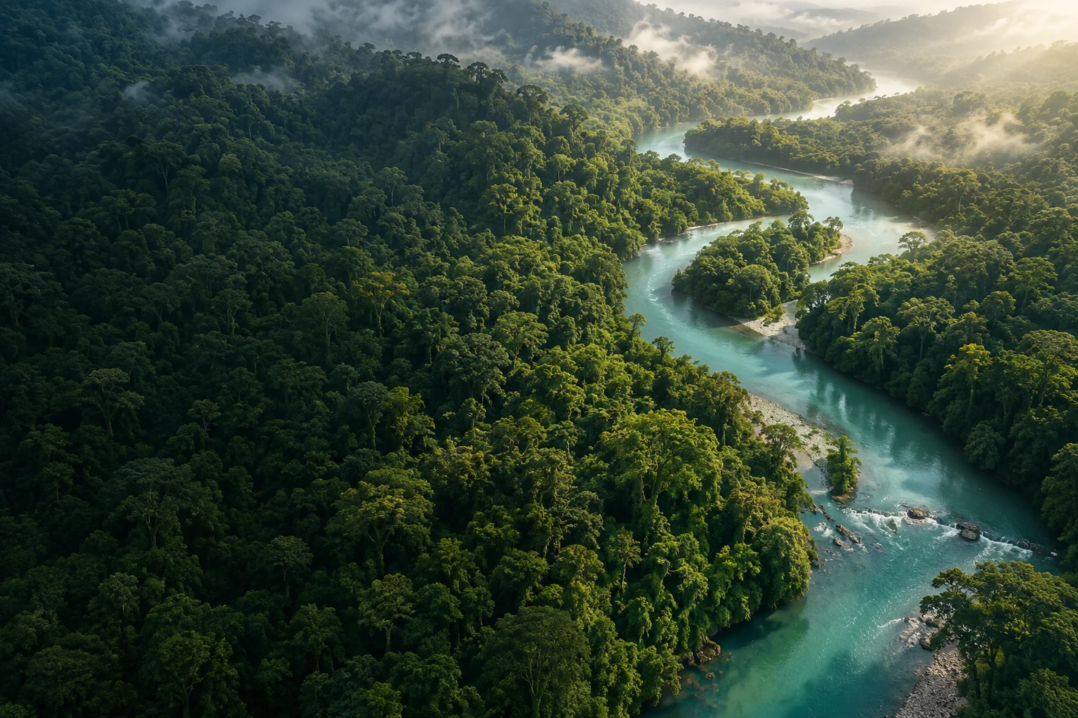 Original conceptual landscape of a winding river through a thriving forest
